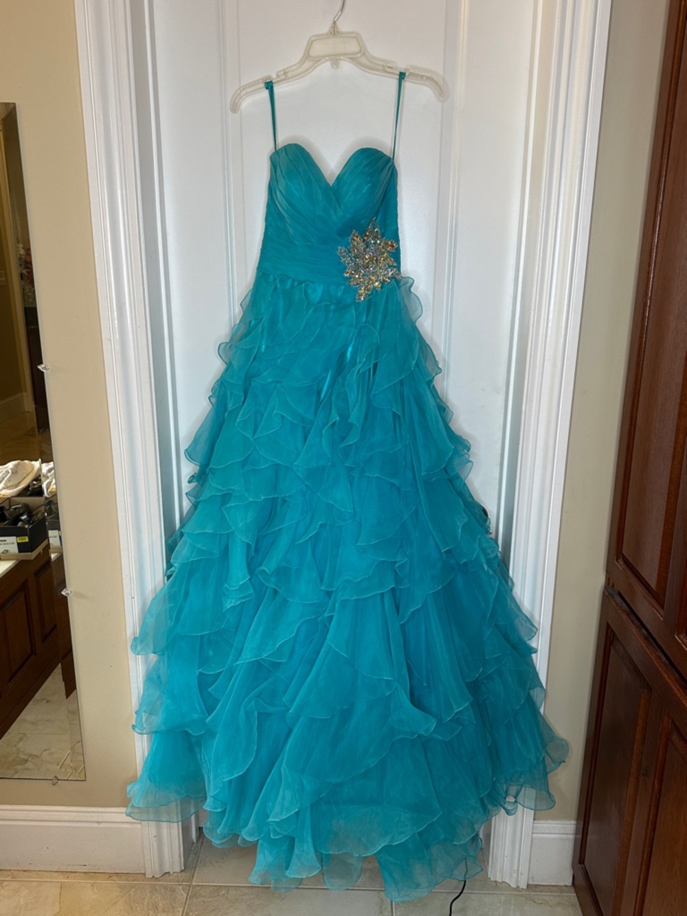 Night Moves Strapless Turquoise Ruffled Ball Gown with Gold Accent